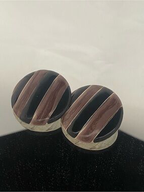 Source Unknown Black and Brown Striped Round Clip-On Earrings